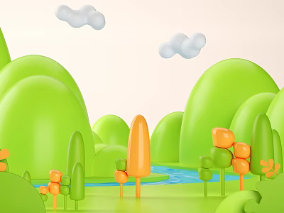 Cartoon Scene With Green Hills White Clouds Blue River And Colorful Trees 3d model