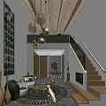 Hotel Public Lounge Area With Modern Green Sofa Wooden Ceiling Pendant Lights And Round Rug