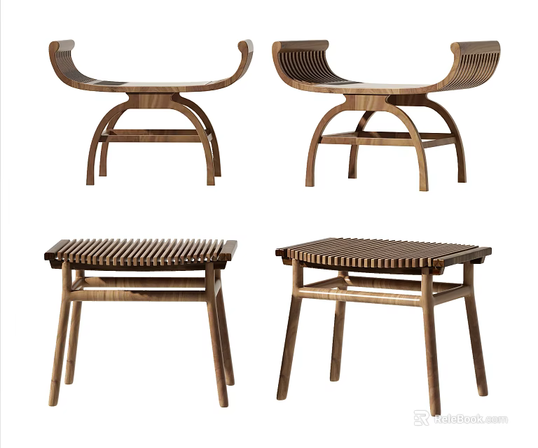 Modern Wooden Stools With Curved Backrest And Slatted Seat Design For Home Use 3d model 