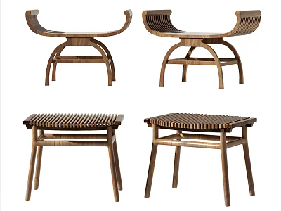 Modern Wooden Stools With Curved Backrest And Slatted Seat Design For Home Use 3d model