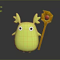 Cute Green Creature Character With Horns Holding Wooden Staff With Red Orb On Dark Background