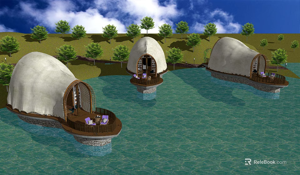 Dome Shaped Waterfront Villa Retreat With Scenic Trees And Outdoor Seating 3d model 