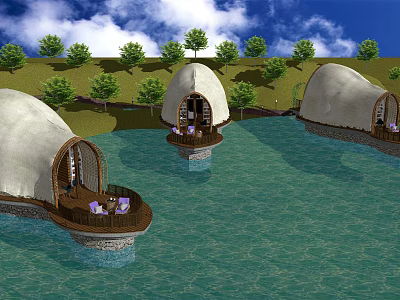 Dome Shaped Waterfront Villa Retreat With Scenic Trees And Outdoor Seating 3d model