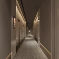 Modern Hotel Corridor With Elevator Doors Wooden Walls Marble Flooring And Decorative Sculpture
