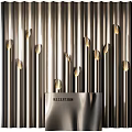 Modern Store Reception Desk Featuring Metallic Finish Sign Against Vertical Metallic Strips And Golden Lights