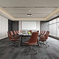 Elegant Modern Conference Table With Brown Chairs Projection Screen And Windows 3d model