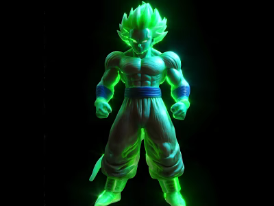 Green Glowing Saiyan Action Figure With Muscular Build White Pants Blue Belt On Black Background 3d model