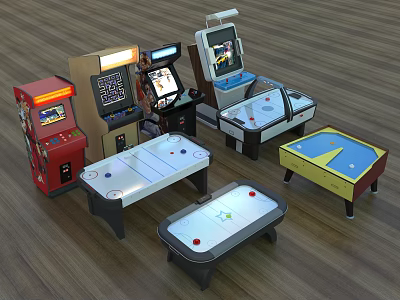 Different Arcade Machines And Air Hockey Tables In Gaming Room Collection 3d model