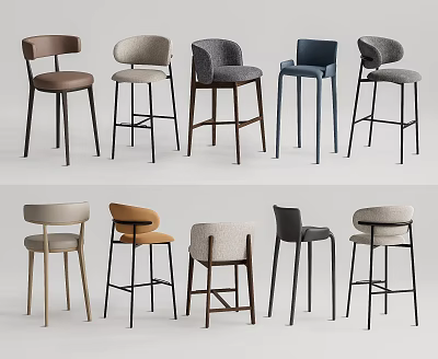 Upholstered Bar Stools In Multiple Styles With Different Colors And Metal Wooden Legs 3d model