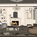 Elegant Living Room Interior With Fireplace Mirror Chandelier White Sofa And Decorative Shelves