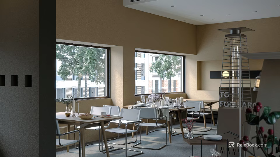 Spacious Bright Restaurant Interior With Large Windows Outside Trees And Neatly Arranged Tables Chairs 3d model 