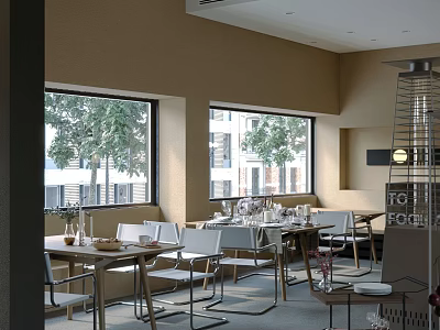 Spacious Bright Restaurant Interior With Large Windows Outside Trees And Neatly Arranged Tables Chairs 3d model