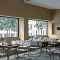 Spacious Bright Restaurant Interior With Large Windows Outside Trees And Neatly Arranged Tables Chairs
