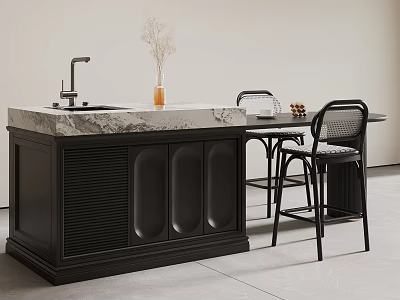 Modern Kitchen Interior With Marble Countertop Black Cabinets Table Chairs And Dried Flowers 3d model