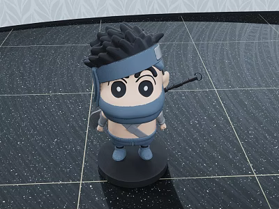 Cartoon Style Ninja Figurine with Blue Headband Mask Black Spiky Hair Sword on Black Base 3d model
