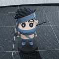 Cartoon Style Ninja Figurine with Blue Headband Mask Black Spiky Hair Sword on Black Base