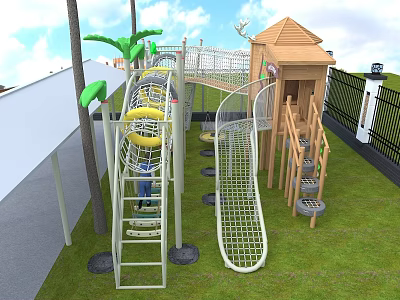 Fun Kindergarten Outdoor Playground With Slide Climbing Net Wooden Cabin And Grass Lawn 3d model