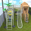 Fun Kindergarten Outdoor Playground With Slide Climbing Net Wooden Cabin And Grass Lawn