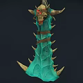 Dark Warrior Wielding Demon Horned Weapon With Green Blade And Skull Decoration