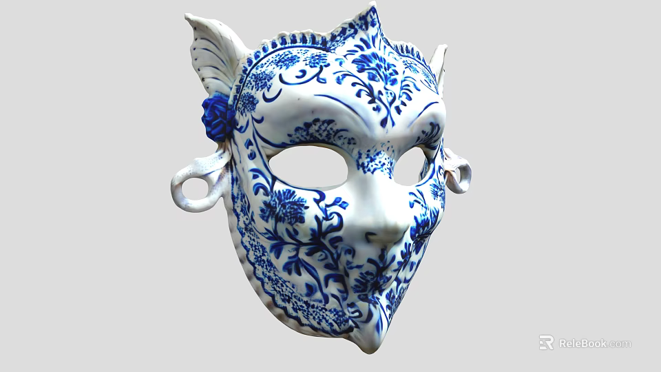 Blue And White Ceramic Mask With Intricate Floral Patterns And Ornate Decorations 3d model 