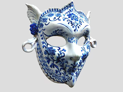 Blue And White Ceramic Mask With Intricate Floral Patterns And Ornate Decorations 3d model