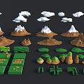 Cartoon Style Landscape Scene With Snowy Mountains Clouds And Green Terrain Elements 3d model