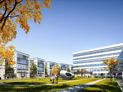 Industrial Park With Modern Buildings Green Lawn Art Sculpture And Trees 3d model