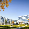 Industrial Park With Modern Buildings Green Lawn Art Sculpture And Trees