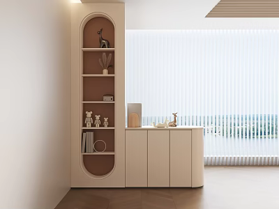 Minimalist Beige Entryway Console Cabinet Sideboard With Open Shelves Decorative Figurines And Books 3d model