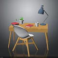 Modern Home Office Desk Setup With White Chair Blue Lamp And Green Plant