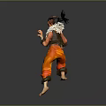 Anime Character With Spiky Black Hair Orange Pants White Top Furry Trim Action Pose Gray Background