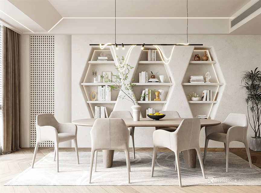 Modern Restaurant Interior With Hexagonal Shelves Pendant Lights Dining Table And Chairs 3d model