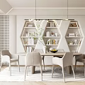 Modern Restaurant Interior With Hexagonal Shelves Pendant Lights Dining Table And Chairs 3d model