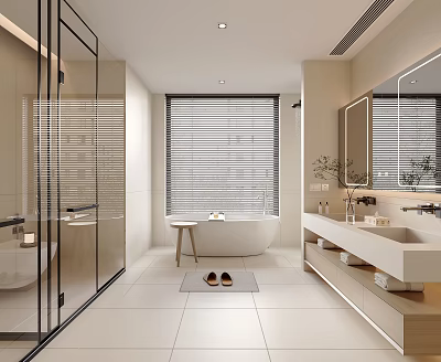 Modern Bathroom Interior With Glass Shower Bathtub Double Sink Vanity Mirror And White Tiles 3d model