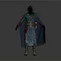 Game And Movie Fantasy Character Wearing Green Robe Blue Cloak Brown Belt And Red Pouch