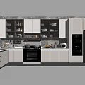 Modern Kitchen Cookware With White Cabinets Black Appliances And Marble Countertop