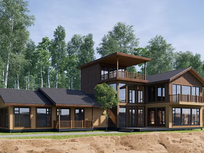 Modern Wooden House With Two Story Structure Large Windows And Balcony Surrounded by Trees 3d model
