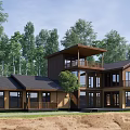 Modern Wooden House With Two Story Structure Large Windows And Balcony Surrounded by Trees