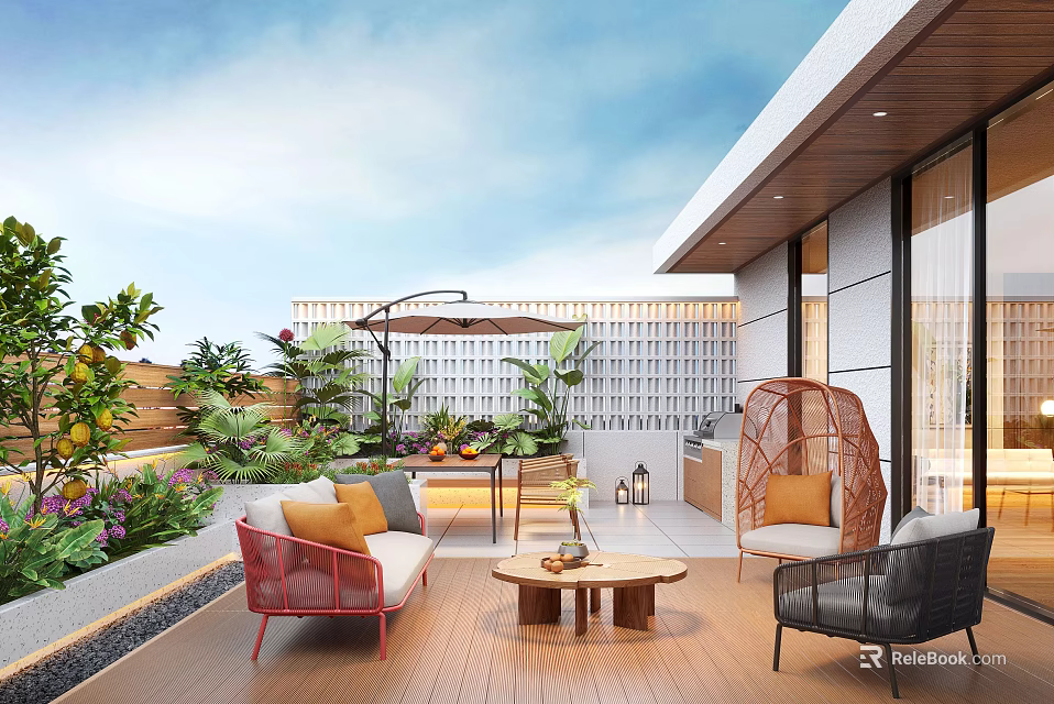 Roof Garden Design With Outdoor Rattan Seating Green Plants Coffee Table And Wooden Flooring 3d model 