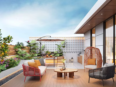 Roof Garden Design With Outdoor Rattan Seating Green Plants Coffee Table And Wooden Flooring 3d model