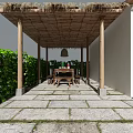 Charming Guesthouse Building With Courtyard Lush Greenery Stone Pathway And Red Tile Roof