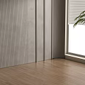 Grey Striped Background Wall with Wooden Floor and Green Plant Near Window