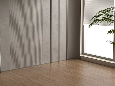 Grey Striped Background Wall with Wooden Floor and Green Plant Near Window 3d model
