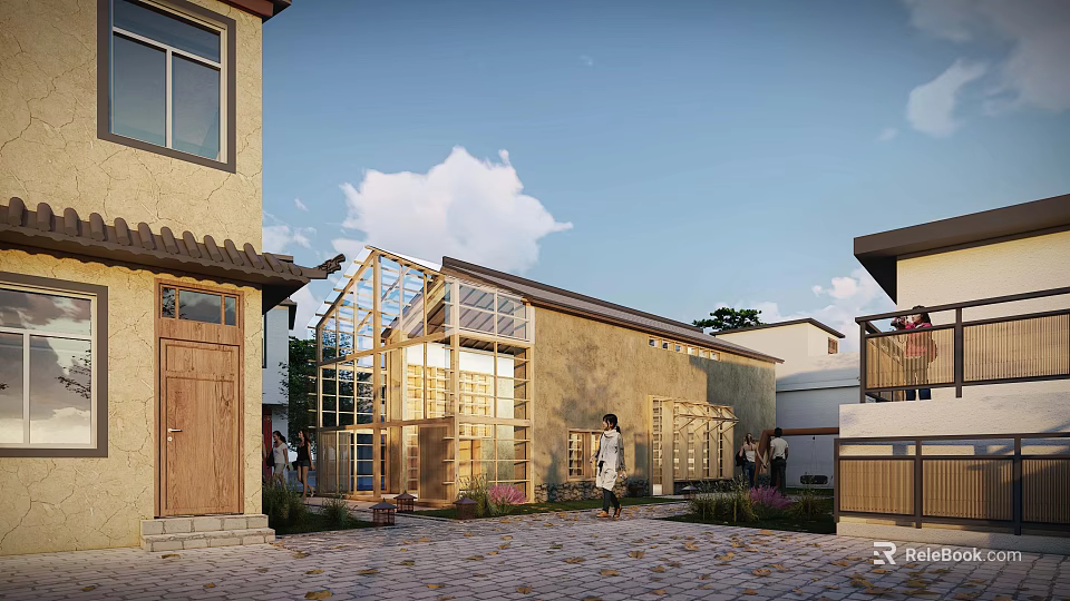 Rural Self-built House Under Construction With Wooden Frame Courtyard And Surrounding Buildings 3d model 