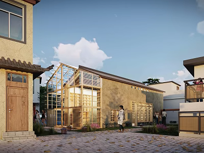 Rural Self-built House Under Construction With Wooden Frame Courtyard And Surrounding Buildings 3d model