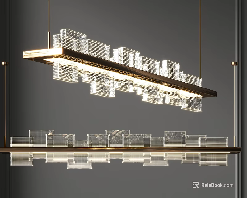 Modern Geometric Chandelier With Layered Metal Frame And Hanging Glass Cube Design 3d model 