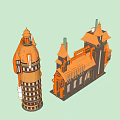 Detailed Architectural Models With Tower And Gothic Style Building Featuring Brown Roof