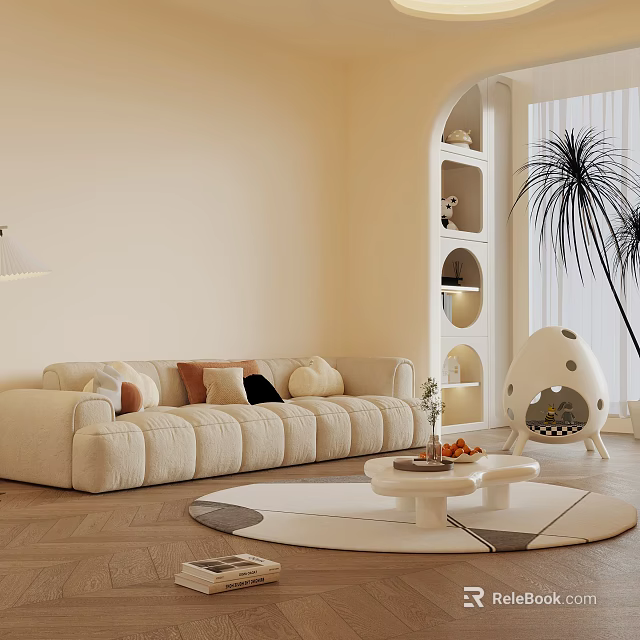 Beige Multi person Sofa With Cushions Round Coffee Table And Arched Bookshelf In Living Room 3d model 