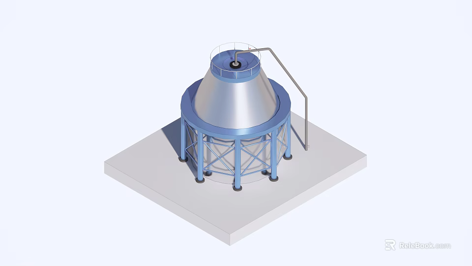 Industrial Cooling Tower with Silver Conical Top Blue Support Frame and Metal Structure 3d model 