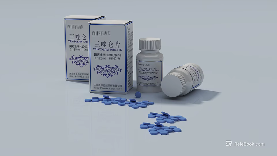 Triazolam Tablets Medication Boxes And Bottles With Scattered Blue Pills 3d model 